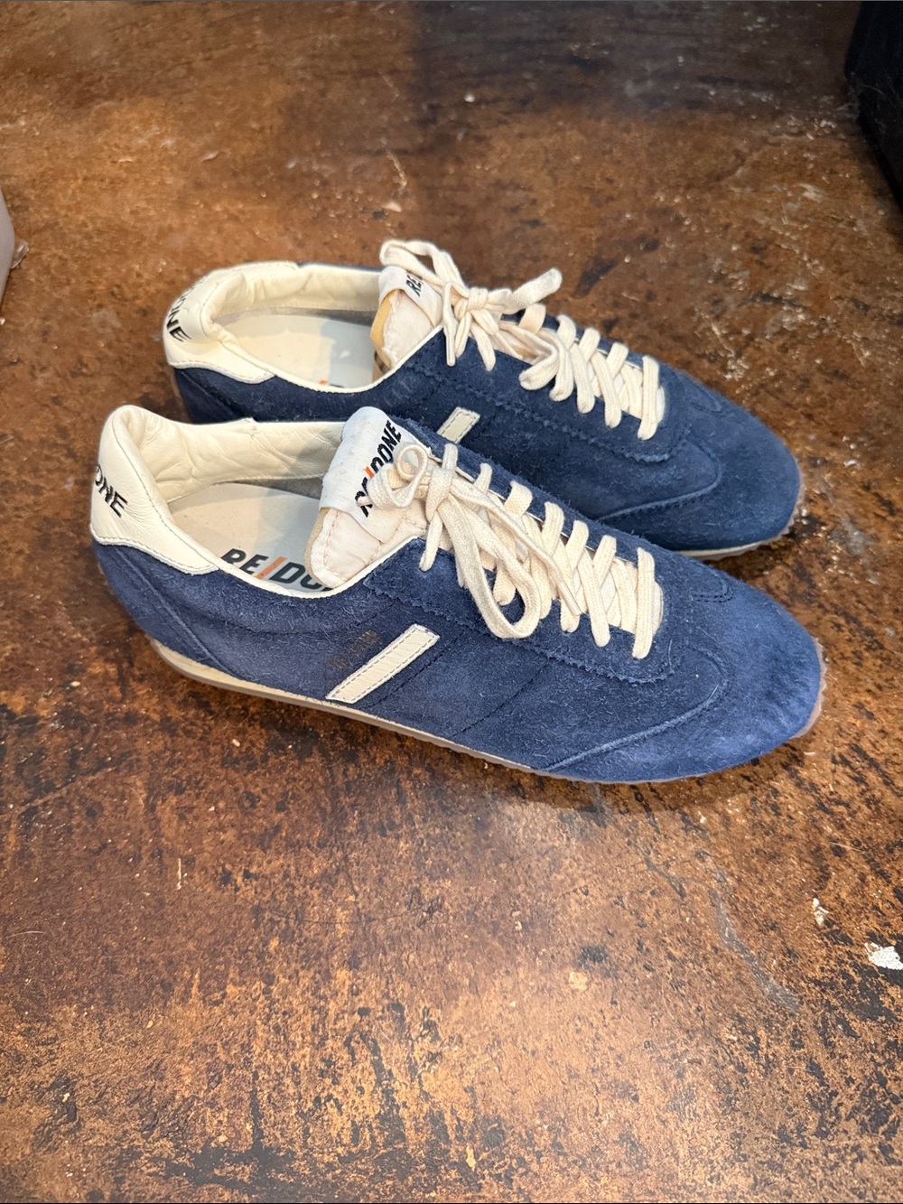 Re/Done Navy Suede Low-Top Sneakers with Cream Accents
